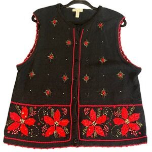 Vintage Christmas Poinsettia Sweater Vest Beaded Sequin Applique Holiday XL